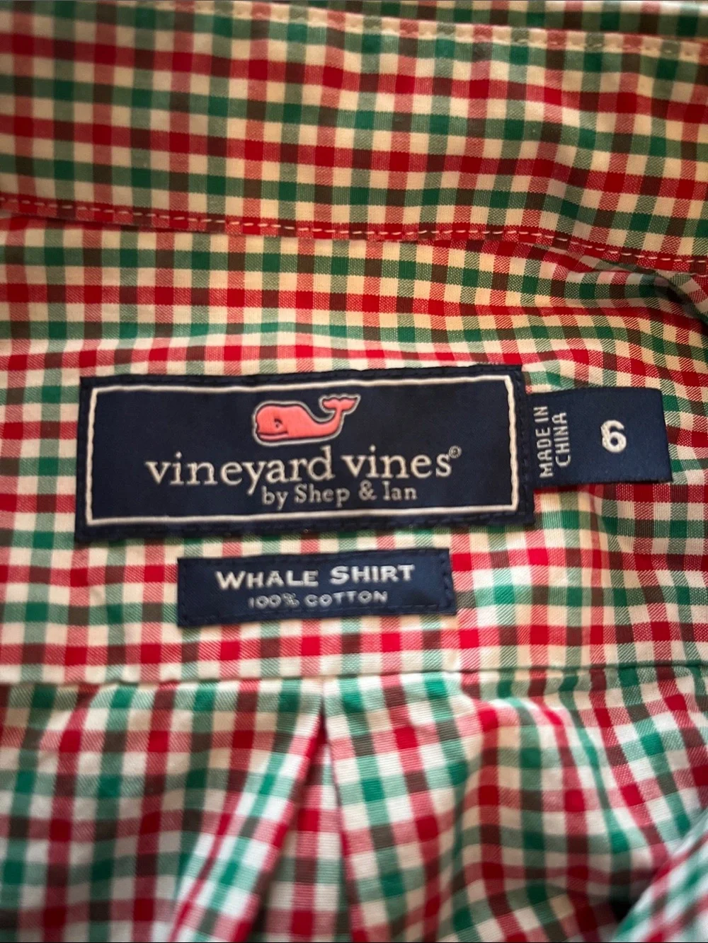 Vineyard Vines Red & Green Gingham Whale Shirt- size 6